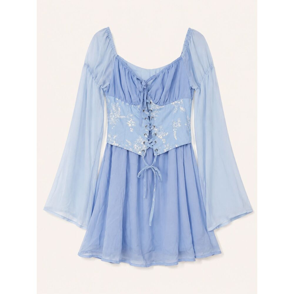 Light Blue Corset Mini Dress XS Floral Embroidered Lace Bell Sleeve Cottagecore